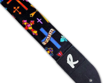 Faith Christian Cross Guitar Strap - Jesus Cross Guitar Strap, Christian Religious, Genuine Leather Ends