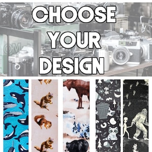 May include: The image shows the text "CHOOSE YOUR DESIGN" above fabric samples. Patterns include whales in blue, squirrels, a moose and bear in a snowy scene, a raccoon and bin, and an alien and Bigfoot.