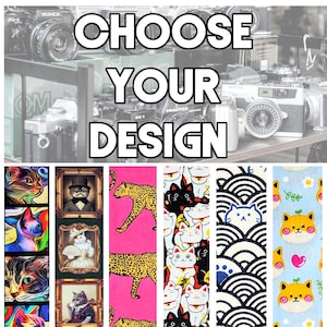 May include: A collage of different designs for phone cases. The designs include a colorful cat, a leopard print, a cat with a crown, a black and white wave pattern, and a cute cartoon cat.