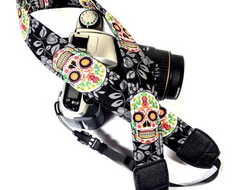 Sugar Skulls Camera Strap - Mexican Sugar Skulls Camera Strap - Double Padded Comfortable-DSLR / SLR