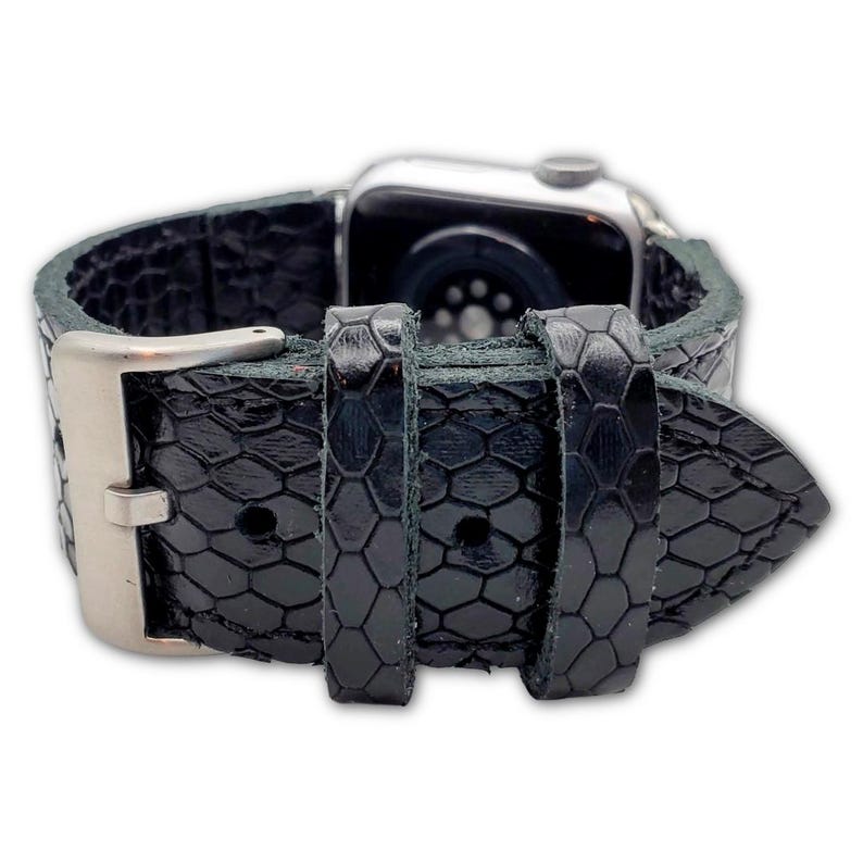 Black Snake Print Full Grain Leather Apple Watch Band – Handmade Luxury Accessory 画像 5