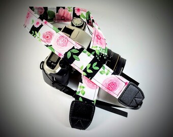 Striped Floral Camera Strap - Pink Floral with Black and White Stripes Camera Strap - Double Padded Comfortable-DSLR / SLR