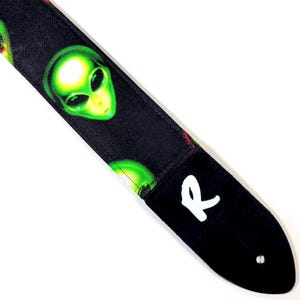 Green Alien Area 51 Guitar Strap - Green Alien on Black Guitar Straps  - Area 51 Guitar Strap - Double Padded Comfortable