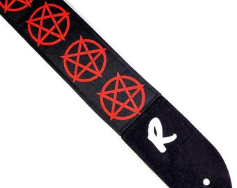 Red Pentagram on Black Guitar Strap -  Pentalpha Guitar Strap -  Star Pentagon Guitar Strap - Inverted Pentagram Double Padded - Comfortable