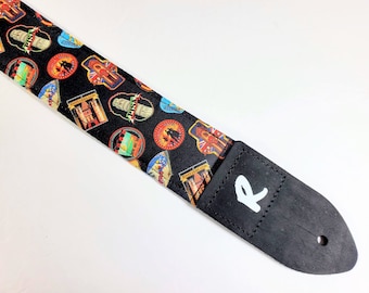 Travel Sticker Guitar Strap-Pisa Kairo Athens Japan London Switzerland-Double Padded-Fits Electric Acoustic or Bass Guitars