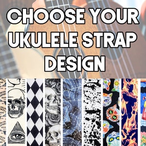 May include: A collage of ten different designs for ukulele straps. The designs include a black and white checkered pattern, a skull and roses pattern, a starry night pattern, a black and white splatter pattern, a cat face pattern, a fire pattern, and a vintage postage stamp pattern.