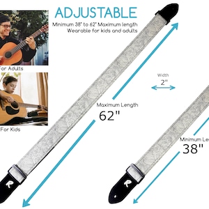 May include: Adjustable guitar strap with a silver paisley design. The strap is 2 inches wide and has a minimum length of 38 inches and a maximum length of 62 inches. Suitable for kids and adults.