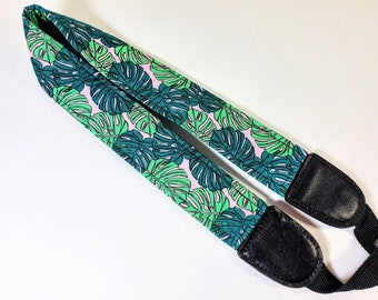 Hawaiian Leaf Ukulele Strap - Flowers - Green Leaf Pink Background-Handmade - Double Padded-Cool Ukulele Strap - Button Free -