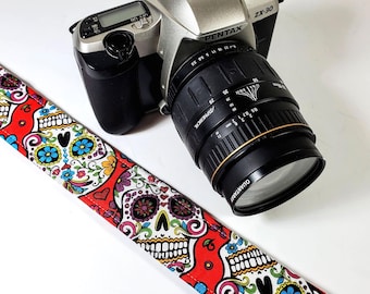 Red Sugar Skulls Camera Strap - Mexican Sugar Skulls Camera Strap - Double Padded Comfortable-DSLR / SLR