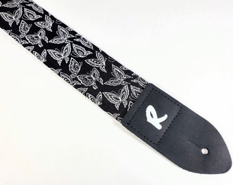 White Butterfly on Black Guitar Strap - Beautiful Butterfly Guitar Strap - Double Padded-Comfortable-