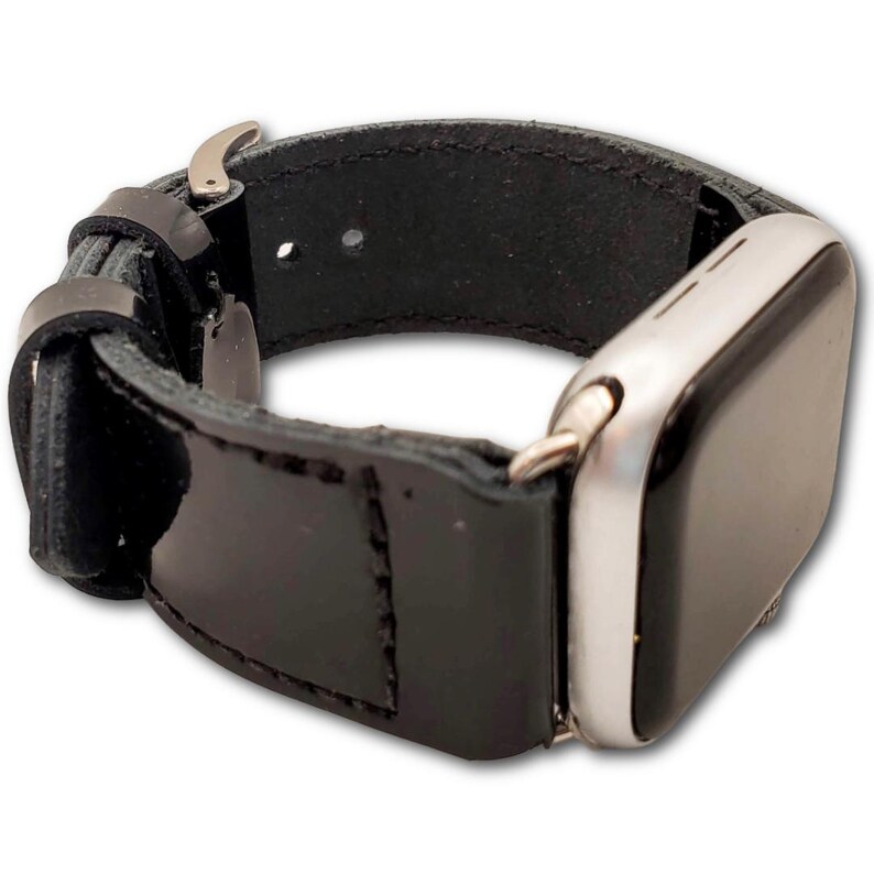 Correa para Apple Watch de piel de grano completo de charol negro: estilo clásico hecho a mano imagen 10