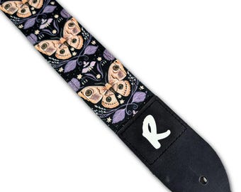 Moth Floral on Black Guitar Strap - Moth on Purple and Black Guitar Strap - Double Padded-Comfortable-Acoustic Electric Bass Guitars