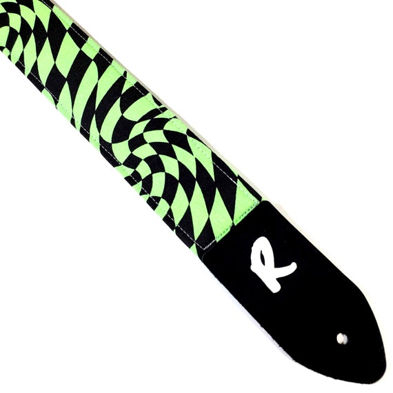 Green Diamond Swirl Guitar Strap, Black Green Genuine Leather Ends