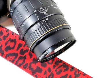 Red Black Leopard Premium Leather Camera Strap -Black Red Leopard Print Leather Camera Strap- Soft Leather Camera Strap-Comfortable