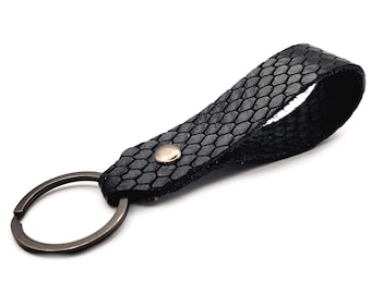 Black Snake Print Leather Keychain, Black Leather Keychain, Keyfob, Slim Keychain, Your Choice of Hardware, Gold, Black, Silver