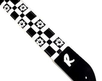 Preppy Black Flower Guitar Strap - Black White Flower Design Guitar Strap-Works for Electric Acoustic and Bass Guitars