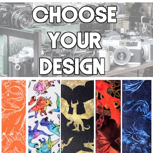 May include: Image featuring the text "CHOOSE YOUR DESIGN" above a row of fabric samples. The samples display various patterns, including dinosaurs, dragons, and abstract designs in orange, white, black, gold, red, and blue.