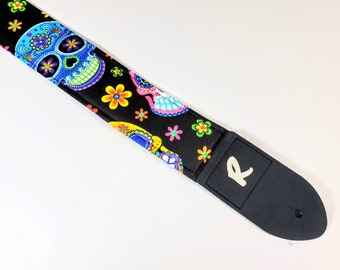 Blue Sugar Skulls on Black Guitar Strap - Day of the Dead - Dia De Los Muertos-Double Padded- Works for Acoustic Electric or Bass