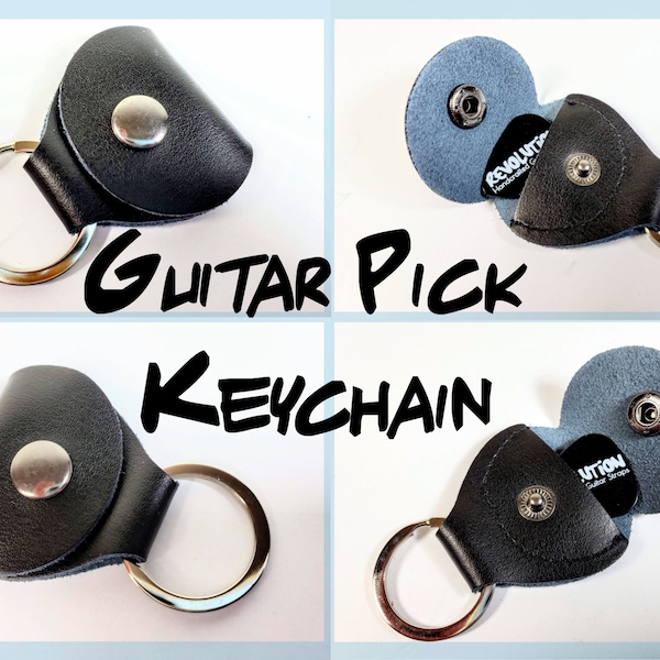 Guitar Pick Keychain - Guitar Pick Holder- Black Genuine Leather with Metal Snap - Holds up to 10 Guitar Picks
