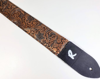 Vegan Leather Guitar Strap - Tooled Faux Leather Guitar Strap - Genuine Leather Ends -Fits Acoustic, Electric or Bass Guitars