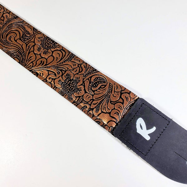 Vegan Leather Guitar Strap - Tooled Faux Leather Guitar Strap - Genuine Leather Ends -Fits Acoustic, Electric or Bass Guitars