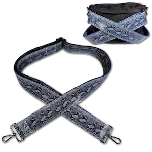 Snake Print Blue White Leather Purse Strap | Snake Premium Leathe | Your Choice of 1.5&quot; or 2&quot; Crossbody Strap|Guitar Style Bag Strap