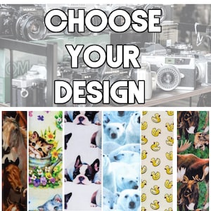 May include: A collection of six vertical fabric swatches featuring various animal prints including horses, a kitten in a garden, French bulldogs, polar bears, yellow rubber ducks, and moose, displayed below text reading CHOOSE YOUR DESIGN.