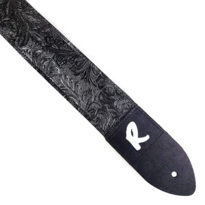 Black Vegan Leather Guitar Strap - Black Tooled Faux Leather Guitar Strap - Genuine Leather Ends -Fits Acoustic, Electric or Bass Guitars