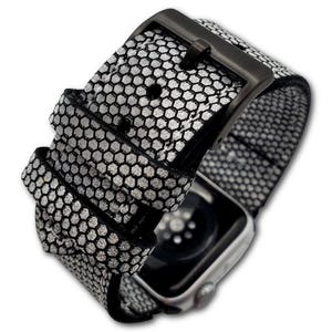 Full Grain Leather Apple Watch Band – Silver Shimmer Hexagon Print