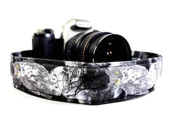 Snowy Owl Camera Strap - Black White Owl with Skull Camera Strap - Double Padded Comfortable-DSLR / SLR