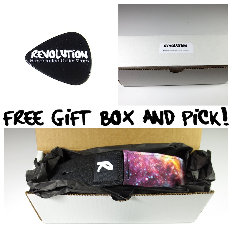 May include: A black guitar pick with the word "REVOLUTION" and "Handcrafted Guitar Straps" in white. A guitar strap with a galaxy design is in a gift box. The text "FREE GIFT BOX AND PICK!" is also visible.