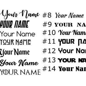 May include: A collection of 14 different font styles for the text "Your Name". The fonts range from simple to elaborate, with some featuring bold, italic, or all-caps styles.