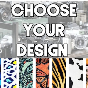 May include: Choose your design. A selection of eight different fabric patterns: blue and black camouflage, white and black leopard print, green and white floral, orange and black butterfly, black and orange tiger stripes, white and black cow print, and brown and white horse print.