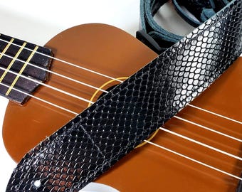 Black Snake Premium Leather Ukulele Strap - Snake Print Ukulele Strap -Handmade -Ukulele Strap - Button Ukulele Strap