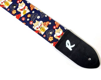 Blue Japanese Shiba Inu Guitar Strap - Japanese Dog on Blue Guitar Strap  - Cloud Guitar Strap - Acoustic, Electric, or Bass