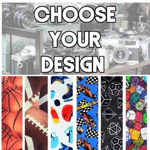 May include: Choose your design. Six different colorful patterns are shown: basketball, football, colorful geometric shapes, racing cars, dice, and colorful geometric dice.