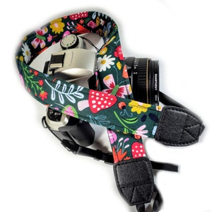 Funky Floral Camera Strap - Flowers with Mushrooms Camera Strap - Double Padded Comfortable-DSLR / SLR