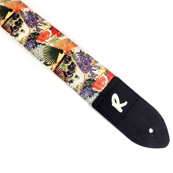 Correa de guitarra japonesa con diseño de abanicos - Correa de guitarra asiática con diseño floral - Compatible con guitarras acústicas, eléctricas y de bajo