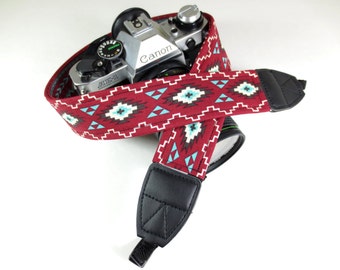 Southwestern Camera Strap - Red and Turquoise - Double Padded Comfortable-DSLR / SLR