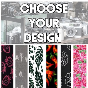 May include: Choose your design. Six different fabric patterns are shown: pink strawberries on black, white trees on gray, black leaves on white, orange peppers on black, white flowers on black, and pink roses on green.