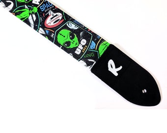 UFO Alien Guitar Strap - Alien Comic Book Guitar Straps - Flying Saucer Guitar Strap - Area 51 Guitar Strap - Double Padded Comfortable