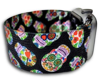 Sugar Skulls on Black Elastic Watch Band for Apple Watch 38mm 40mm 41mm 42mm 44mm 45mm 46mm 49mm, All Series(Models Ultra 2 SE Series 1-11)