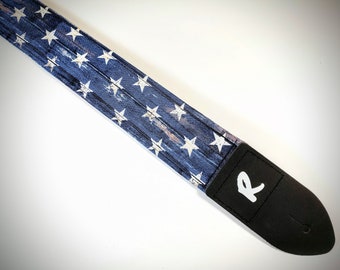 White Stars on Blue Guitar Strap - American Flag Stars Guitar Strap - Rustic Stars and Stripes - Go USA!