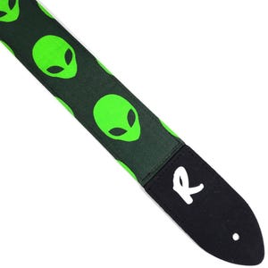 Green Alien Area 51 Guitar Strap - Green Alien on Black Guitar Straps  - Area 51 Guitar Strap - Double Padded Comfortable