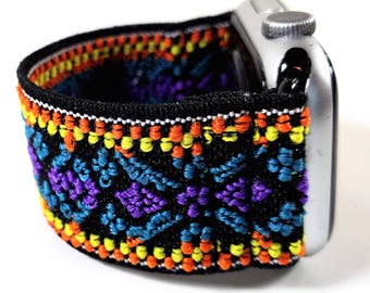 Boho Blue Yellow Woven Elastic Watch Band for Apple Watch-38mm 40mm 41mm 42mm 44mm 45mm 46mm 49mm, All Series(Models Ultra 2 SE Series 1-11)