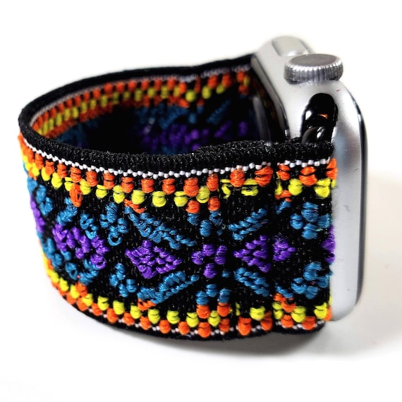 Boho Blue Yellow Woven Elastic Watch Band for Apple Watch-38mm 40mm 41mm 42mm 44mm 45mm 46mm 49mm, All Series(Models Ultra 2 SE Series 1-11)