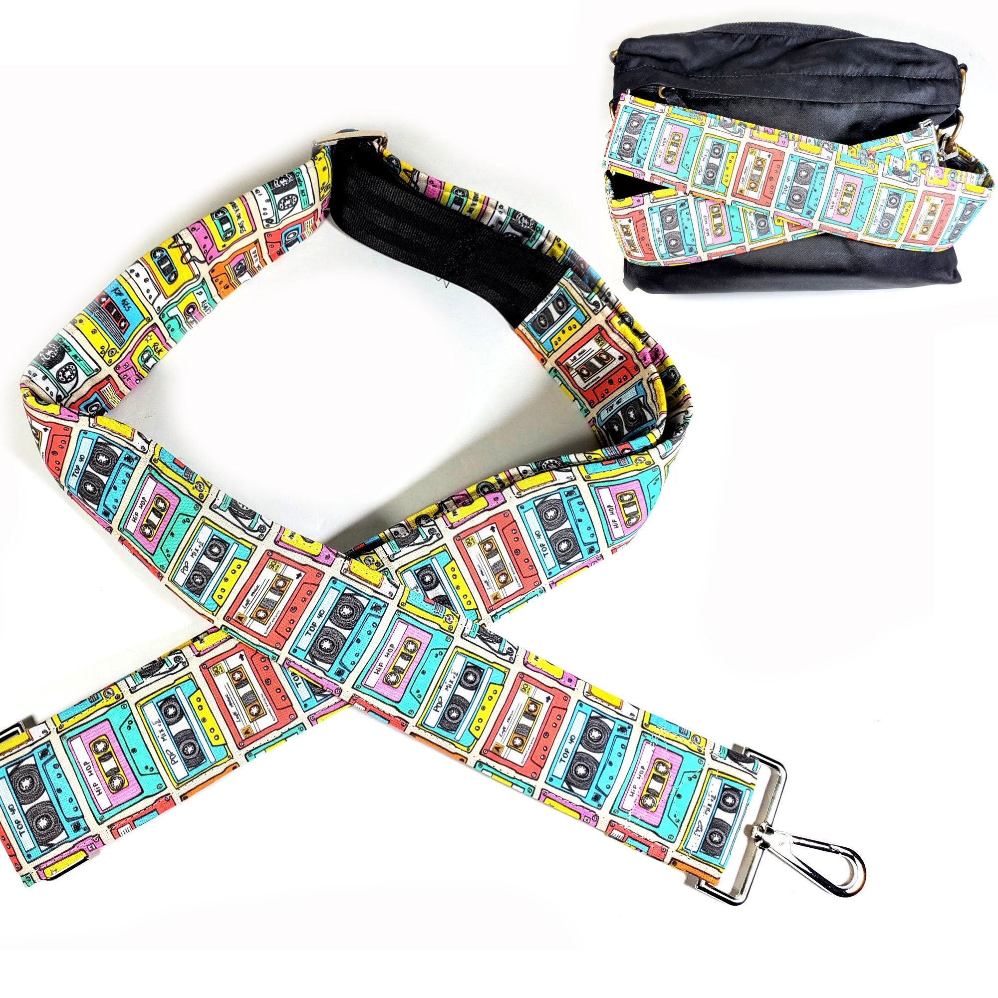 Retro Mix Tape Guitar Style Bag Strap - Cassette Tape 80s Cross Body Strap - Custom Hardware Color- Adjustable -Double Padded-Durable-