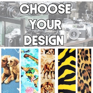 Puede incluir: La imagen muestra el texto "CHOOSE YOUR DESIGN" sobre un fondo de cámaras antiguas. Debajo, hay cinco muestras de tela verticales con varios patrones: cachorros, animales de dibujos animados coloridos, leones, rayas de tigre amarillas y negras e impresión de leopardo.