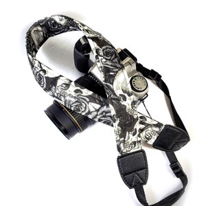 Skulls and Roses Black and White Camera Strap - Black and White Camera Strap - Double Padded Comfortable-DSLR / SLR