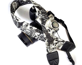 Skulls and Roses Black and White Camera Strap - Black and White Camera Strap - Double Padded Comfortable-DSLR / SLR